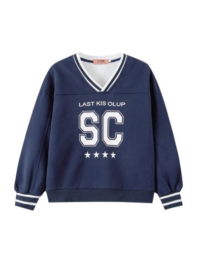 YUSHE Women's Navy Varsity V-Neck Top & Shorts Set